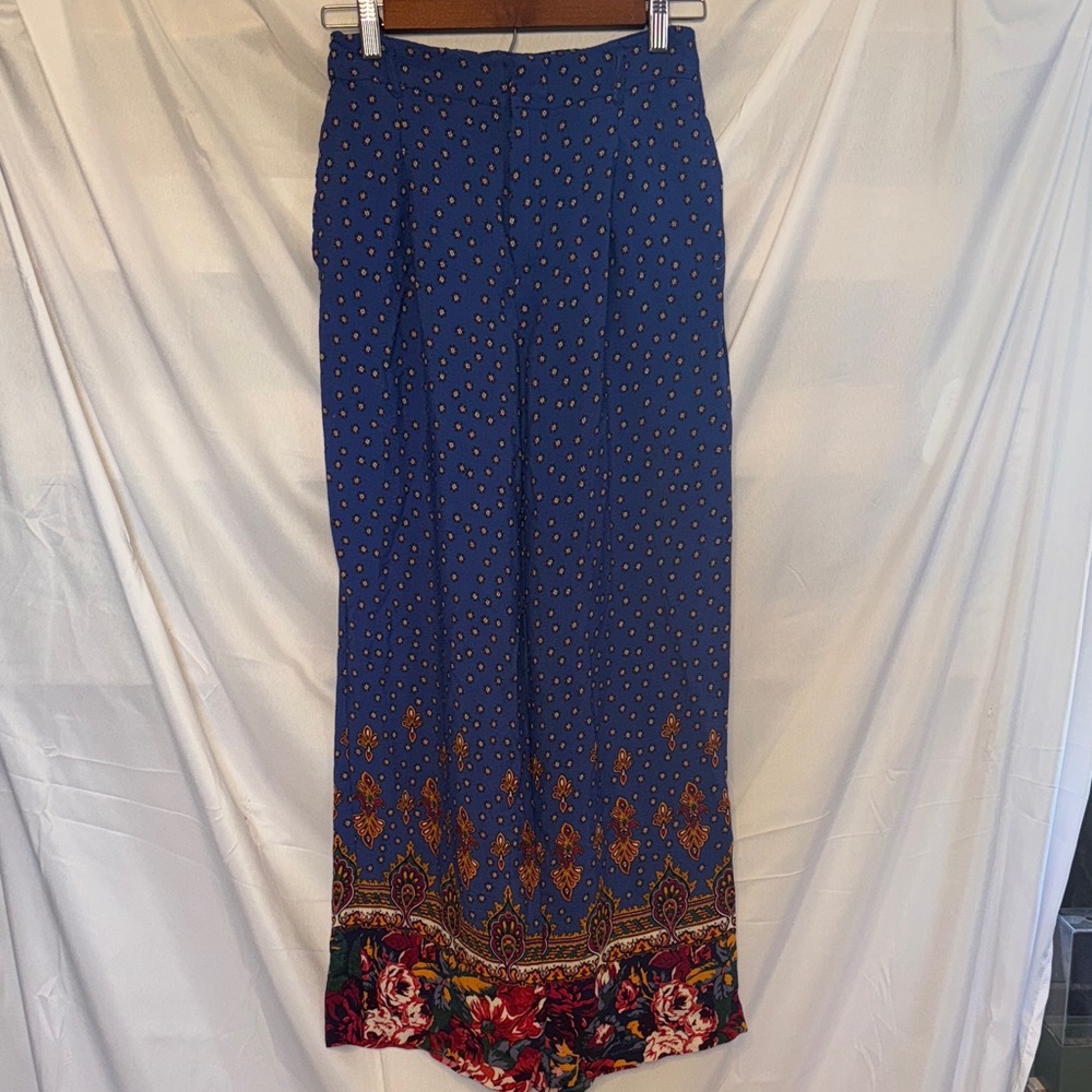 Anthropologie Navy and Floral Wide-Leg Pants